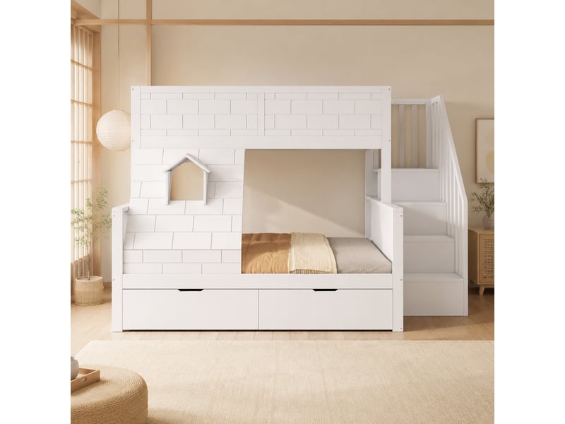  Lit superposé enfant 90 x 200 et 140 x 200 cm avec escalier et tiroirs blanc  - Conforama B