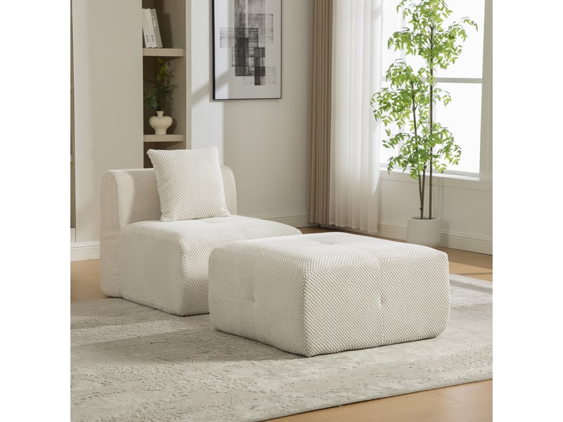 Canapé modulable 1 place en chenille beige, 77 x 157 x 75 cm, sans montage, livré compressé, base antidérapante, coussins inclus, avec repose-pieds CARDUME ESTIVAL - Conforama B