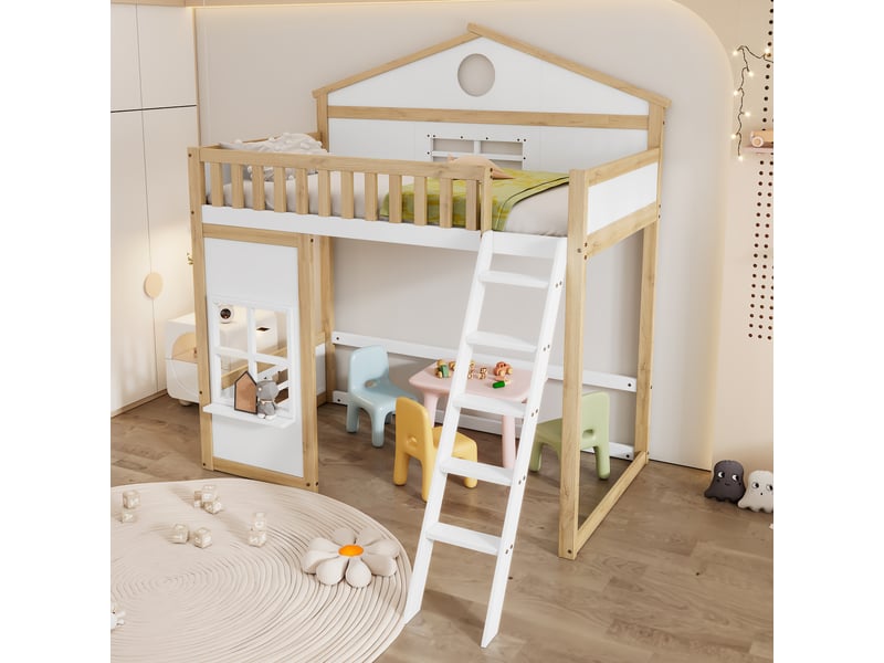  Lit mezzanine enfant 90x200 cm, design avec toit et fenêtres, un sommier, bois, blanc+naturel, sans matelas  - Conforama W