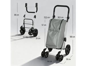 Chariot de courses pliable 58 x 44 x 100 cm – gris – sac isotherme 46 l, 6 roues, poignée réglable