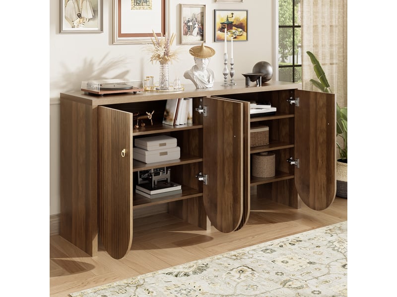 Buffet 147 cm avec 4 portes rainurées, étagères réglables et poignées en aluminium, mdf, effet noyer Fay Lum - Conforama D