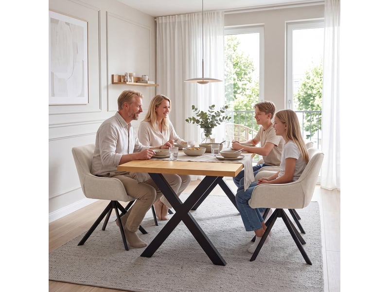 Ensemble table et 4 chaises - table rectangulaire 160x80 cm monobloc en chêne sauvage et pieds métal, 4 chaises en tissu beige et pieds métal - Conforama W