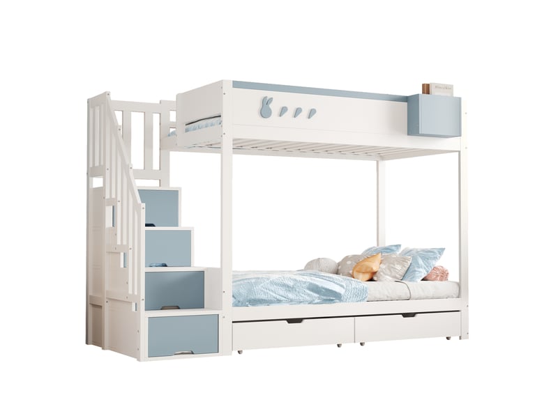 Lit superposé enfant 200×90 cm avec 2 tiroirs, escalier de rangement et tablette amovible, blanc et bleu - Conforama A