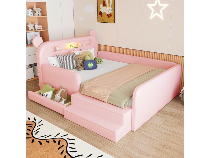  Lit enfant rembourré avec rangement 140x200 cm, tête de lit ours avec veilleuse et usb, barrières, assise intégrée, similicuir rose Radiant Stride - Conforama E