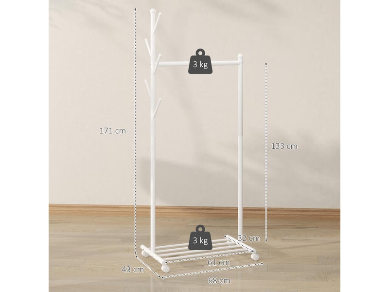  Portant à vêtements sur roulettes avec étagère 5 crochets métal blanc 68 x 43 x 171 cm  - Conforama C