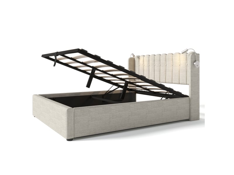  Lit coffre,160x200 cm,avec liseuse et usb,lin,beige  - Conforama D