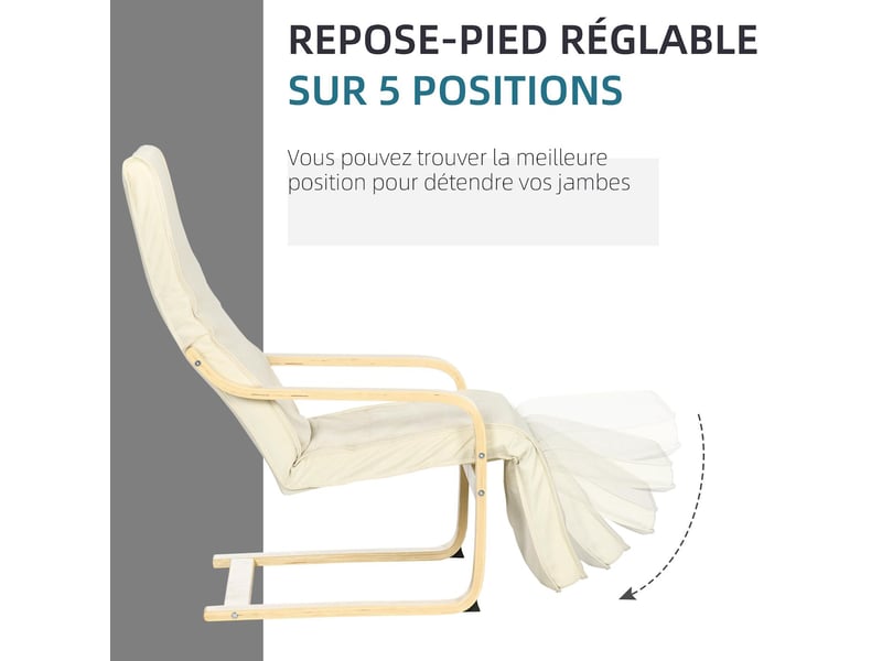  Fauteuil relax avec repose-pied réglable en bois massif crème 94x66,5x100 cm  - Conforama D