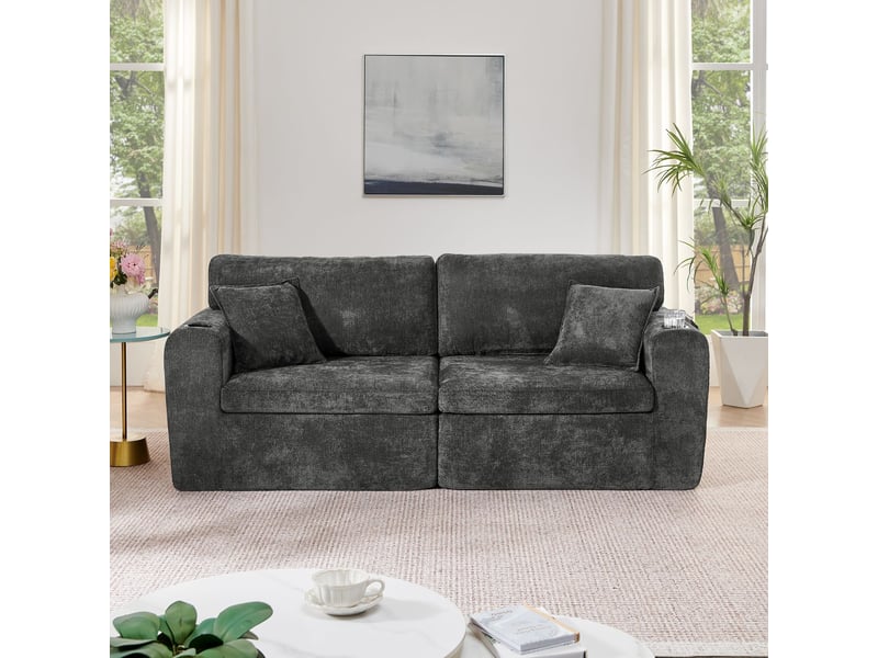  Canapé format compact en revêtement chenille poche latérale porte-revues porte-gobelet coussins inclus fonction relaxation noir  - Conforama B