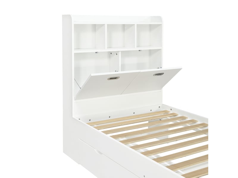  Lit enfant 90x200 blanc avec rangements, étagère tête de lit et tiroir flexible amovible  - Conforama R