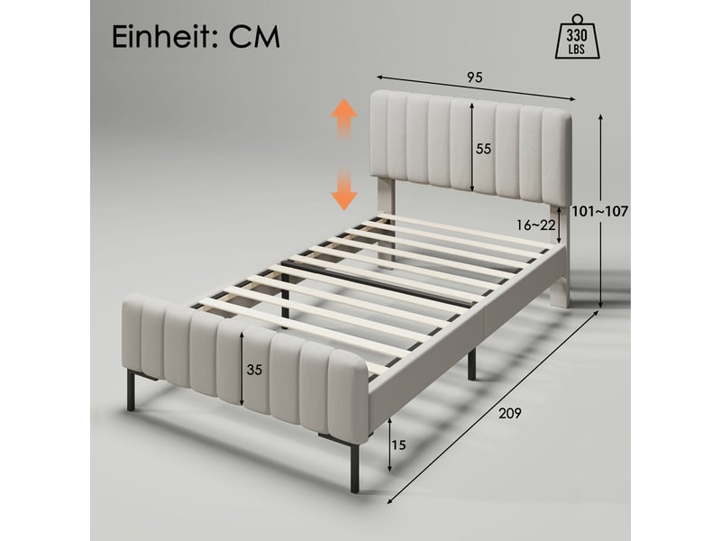  Lit 1 personne 90x200 cm avec matelas, structure de lit avec tête de lit réglable en lin, gris beige, lit enfant rembourré  - Conforama W