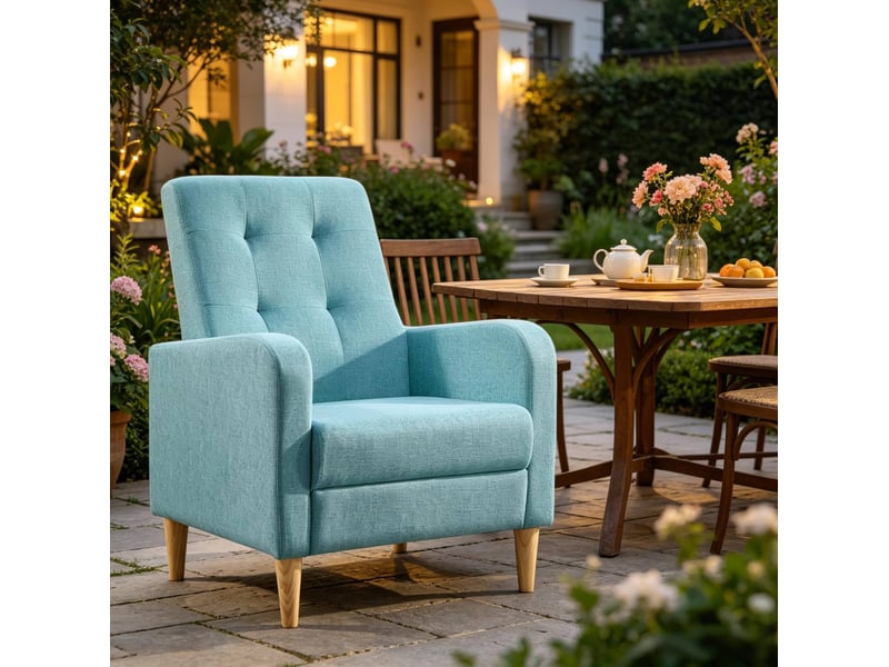 Fauteuil de lecture en lin bleu avec dossier haut et accoudoirs - Conforama D