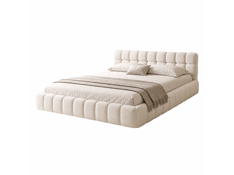 Lit à bulles rembourré 140 x 200 cm, lit double rembourré pour adolescent avec sommier à lattes et tête de lit rembourrée, lit plat pour adulte, lin, beige, sans matelas - Conforama A