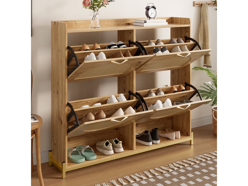 Meuble à chaussures 16 paires l108.5xp24xh100cm | 4 portes cannage rotin et métal | plateau rebord gain de place - naturel DreamMespace - Conforama D
