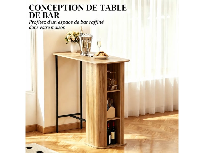  Table de salon haute muvano, table de bar avec 3 étagères de rangement, 112 x 50 x 106 cm, aspect bois naturel et noir  - Conforama D