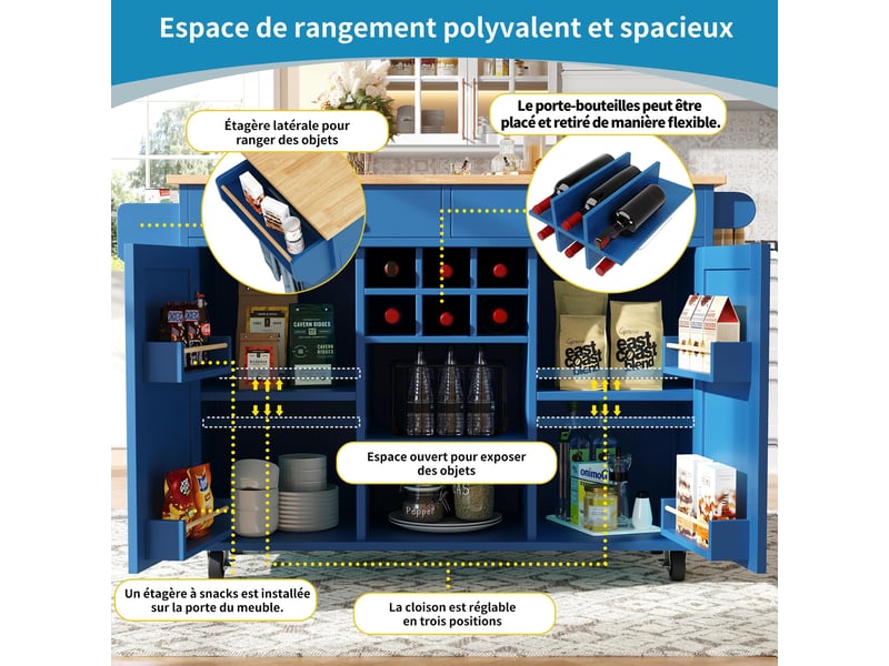  Îlot de cuisine - moderne - bleu - mdf et métal - rangement flexible  - Conforama R