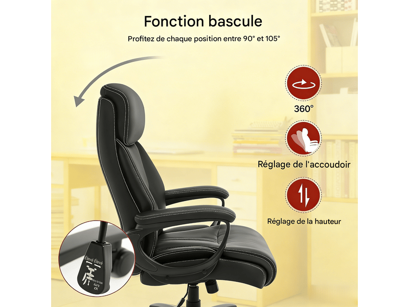  Fauteuil de bureau pivotant réglable en similicuir et métal noir 72x86x127 cm T5828P492842 - Conforama E