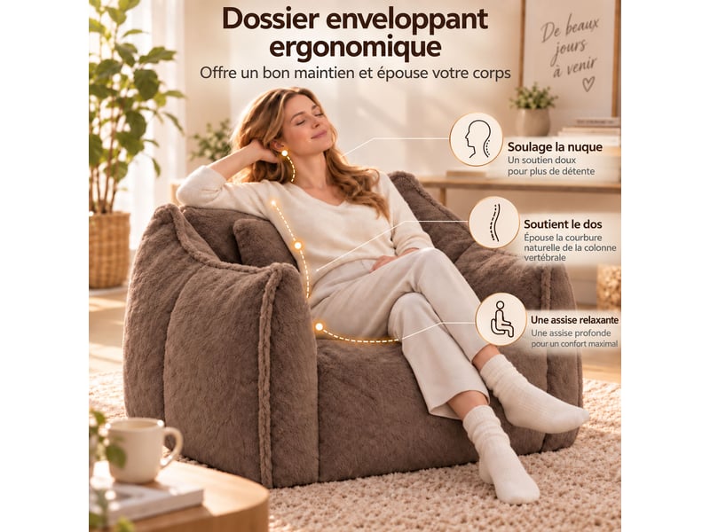 Fauteuil pouf paresseux en fausse fourrure, sans montage, rempli de mousse déchiquetée haute densité, design ergonomique,khaki - Conforama E