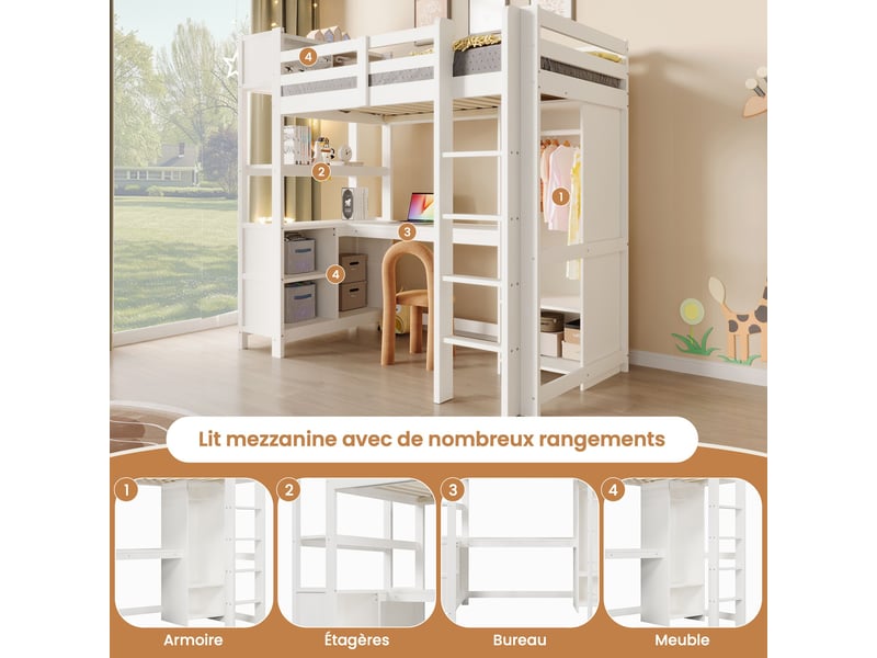  Lit mezzanine blanc 90x200cm avec rangement, armoire, bureau et étagères, gain de place, durable - bois massif - pour enfant ado  - Conforama C