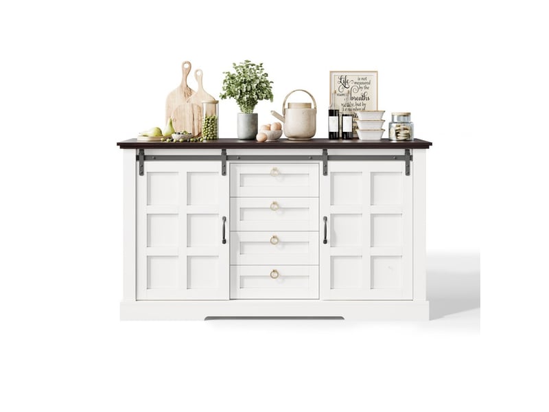  Buffet 150 x 40 x 85 cm, avec espace de rangement, portes coulissantes et quatre tiroirs, blanc  - Conforama A
