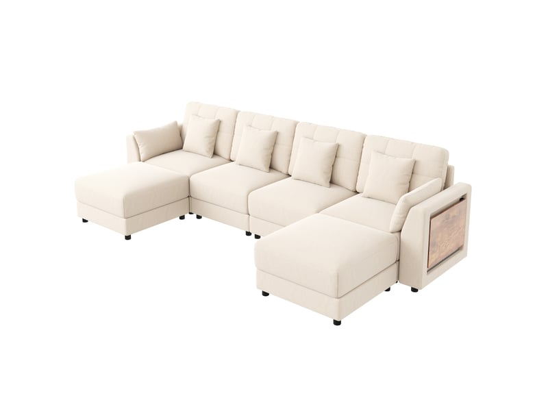 Canapé d'angle panoramique fixe 6 places tissu led beige - Conforama A