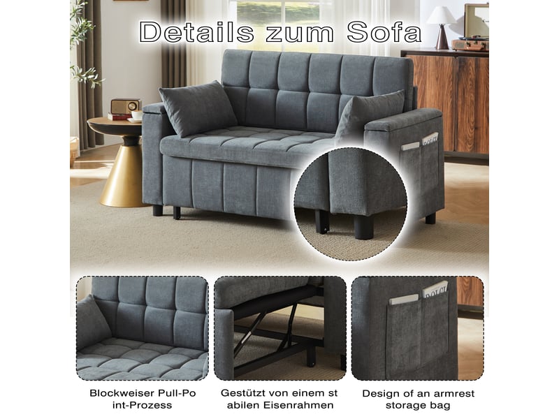 Canapé convertible, canapé-lit, 2 places, en chenille, gris, rangements dans les accoudoirs, structure métallique, poches latérales - Conforama W