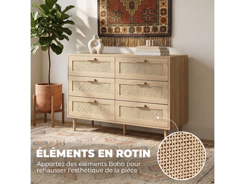 Commode 6 tiroirs meuble de rangement avec tissage en rotin dim. 110l x 40l x 75h cm aspect clair bois  - Conforama E
