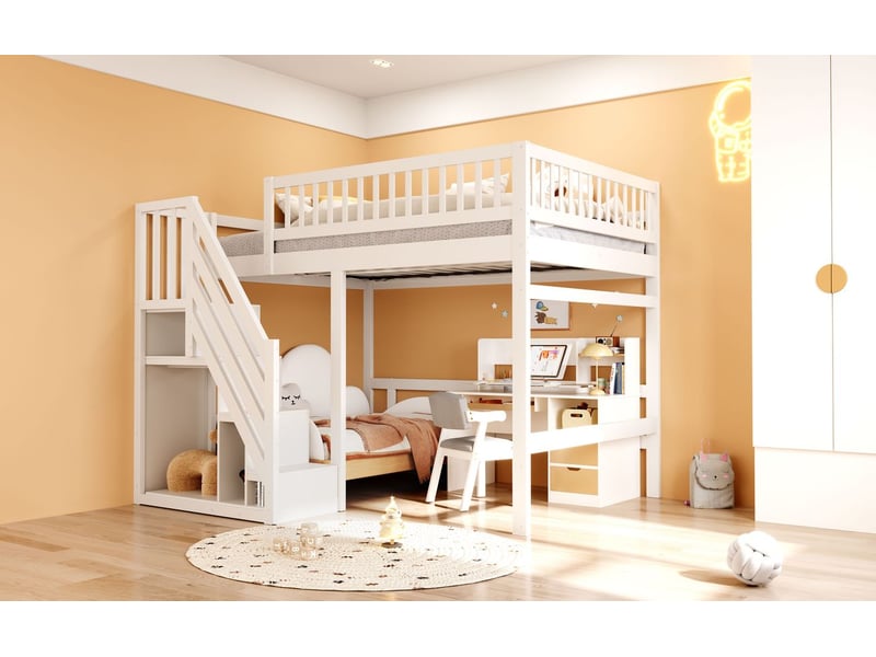 Lit mezzanine 140x200cm en bois massif escalier avec rangement - lit double - blanc sommier inclus sécurisé gain de place enfant ado - Conforama E