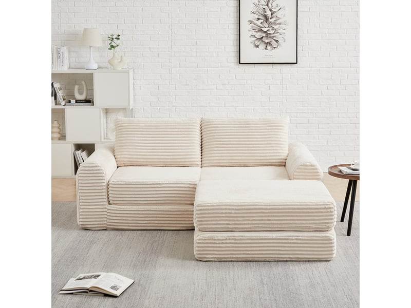  Canapé convertible 2-en-1 modulable en velours côtelé, avec 2 coussins, pouf amovible et accoudoirs incurvés - beige  - Conforama E