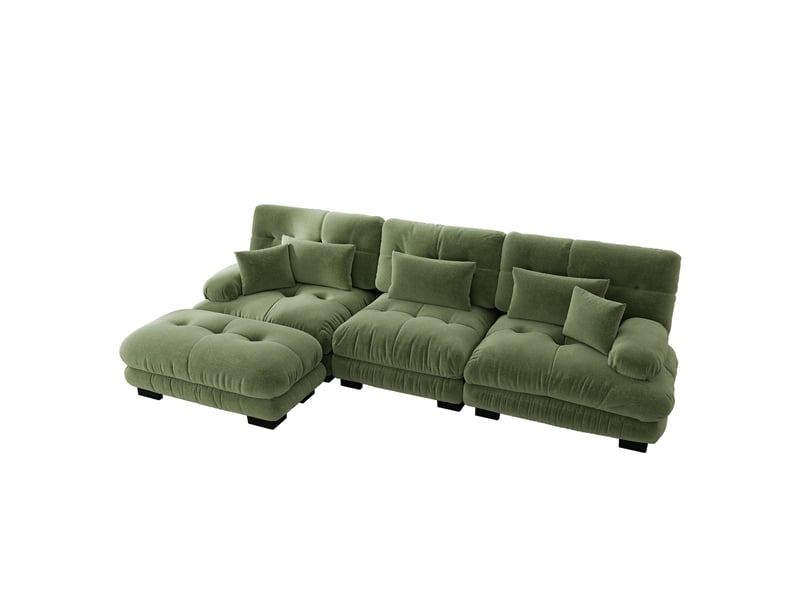  Canapé nuage d'angle modulable 3 places 313x145x81 cm avec pouf mobile, assise profonde, accoudoirs arrondis, chenille vert Radiant Stride - Conforama A