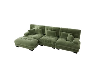 Canapé nuage d'angle modulable 3 places 313x145x81 cm avec pouf mobile, assise profonde, accoudoirs arrondis, chenille vert