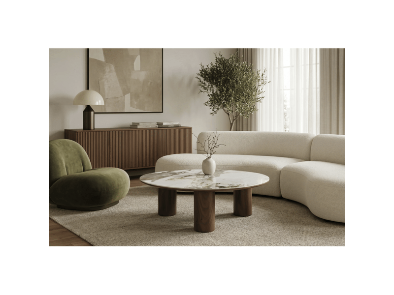  Table basse pterax 110 cm en céramique effet marbre blanc et pieds aspect bois – forme organique  - Conforama B