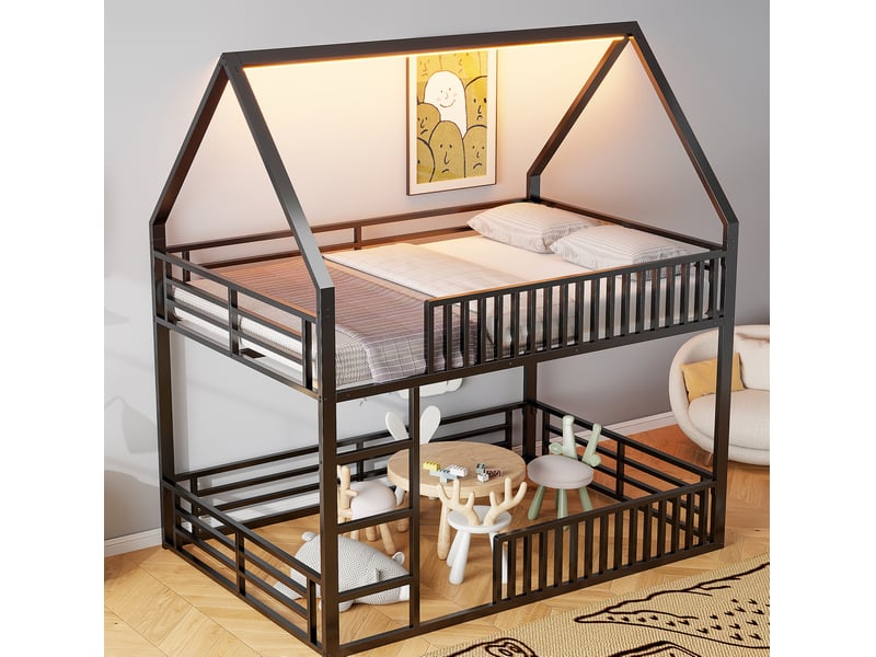 Lit superposé enfant 140x200 cm en métal noir avec structure maison et led  - Conforama E