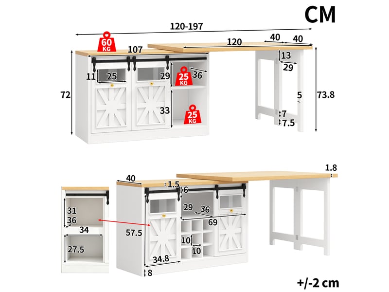  Desserte de cuisine avec table extensible pivotante, vitrine led et rangement, pour cuisine et salle à manger, blanc  - Conforama D