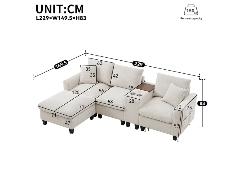  Canapé d'angle convertible 4 places en velours côtelé beige, console usb, pouf coffre pour le salon  - Conforama C