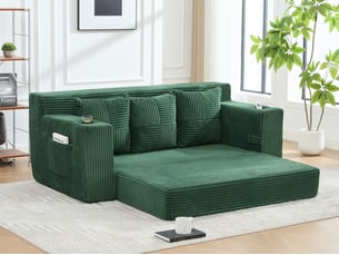 Canape droit 3 places, sans structure rigide en velours côtelé, porte-gobelets et poches, 172 × 87 × 64 cm, vert émeraude
