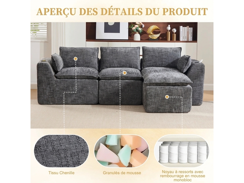  Canapé modulaire 3 places avec pouf assorti - rangement latéral 256 x 161 x 75 cm confortable  - Conforama R