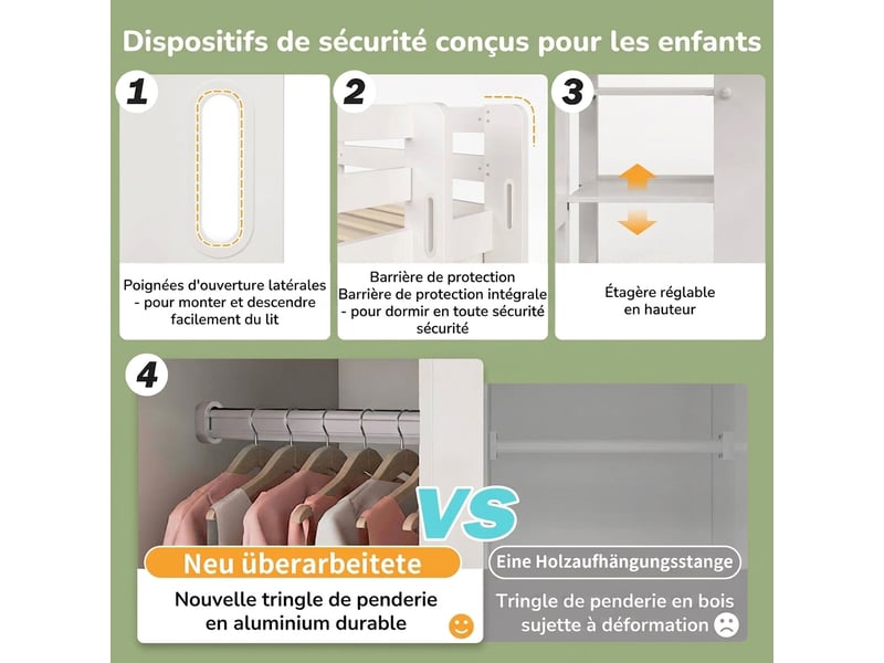  Lit mezzanine 90x200 cm avec armoire et 6 étagères - bois massif et panneaux blanc - 120 kg  - Conforama W