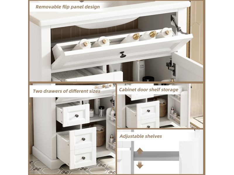 Meuble vasque salle de bain 76x46x87 cm – blanc – rangement réglable et vasque céramique intégrée - Conforama C