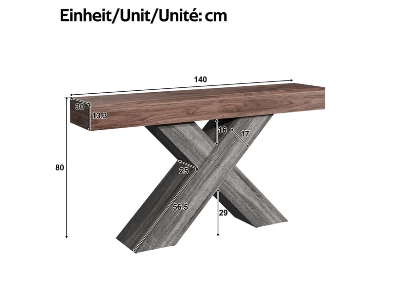  Console étroite avec plateau épais et piètement croisé, style industriel, pour entrée et salon, noyer, 140 × 30 × 80 cm  - Conforama D