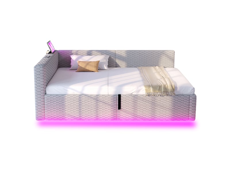  Modenvie lit coffre 90x200 cm - avec rangement, led et usb-c, sans matelas - gris  - Conforama A