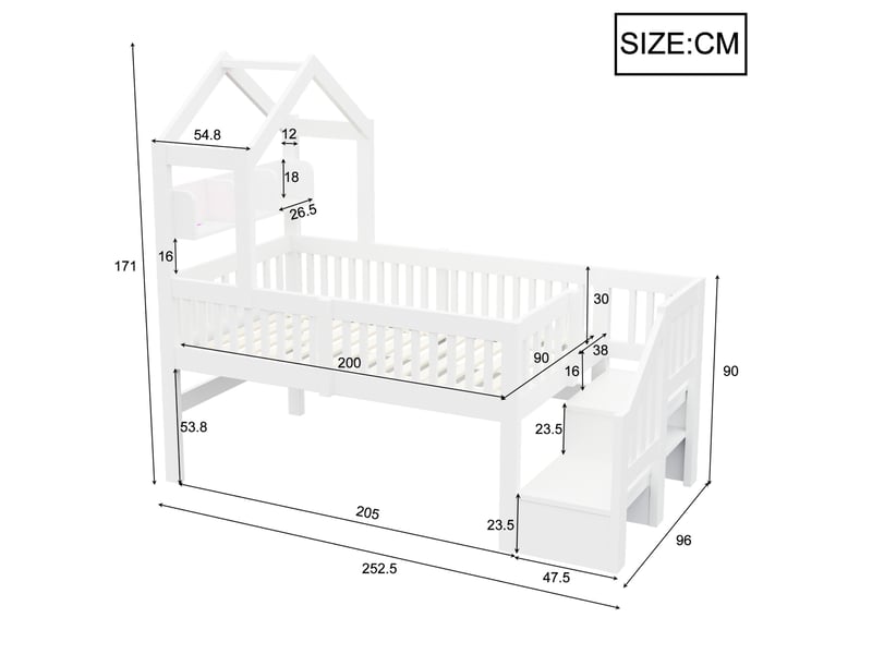  Lit surélevé enfant 90x200 cm, cadre toit, rangements, usb, led, garde-corps, bois de pin, blanc,  sans matelas  - Conforama C