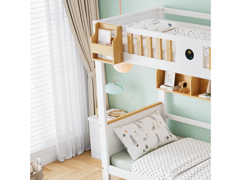  Lit superposé 90x200cm, lit enfant avec compartiments, tiroirs, espace de rangement, barrière de protection, blanc et naturel  - Conforama W