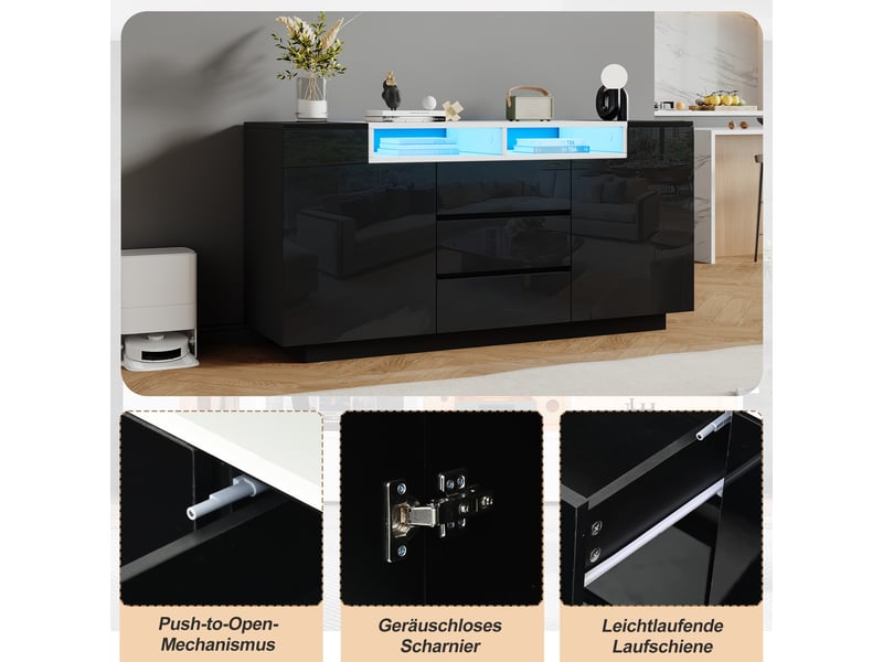  Meuble de cuisine bas , buffet cuisine , avec éclairage led et 2 portes, 3 tiroirs – 140×40×68 cm  - Conforama B