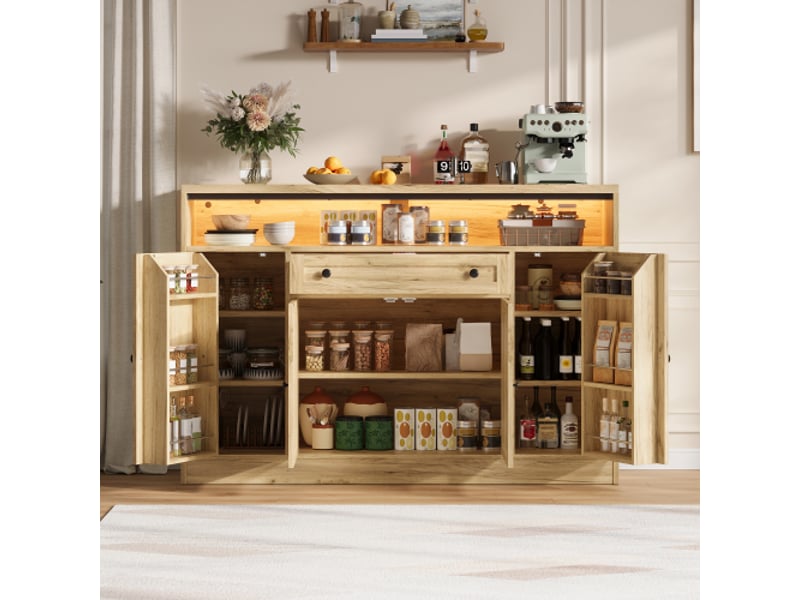  Buffet 140x35x95 cm naturel, 4 portes style grange, tiroir, rangements de porte et led rgb avec application, mdf  - Conforama C