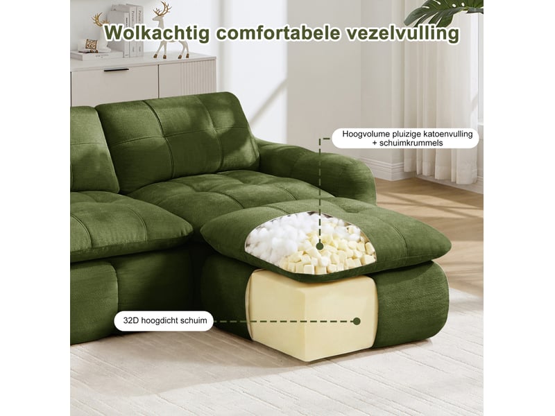  Canapé modulable 2 places avec 2 ottomans sans structure rigide en chenille vert  - Conforama D