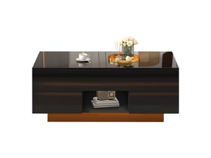 Table basse relevable, table de salon rectangulaire avec led et 2 tiroirs, surface avec lumière elevée, noir