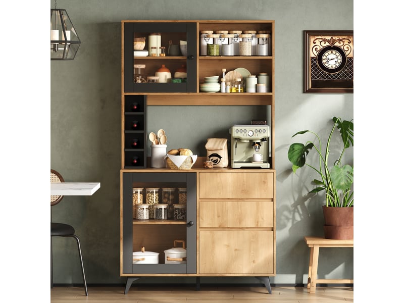  Armoire de cuisine haute 100x40x177,5cm, range-bouteilles, 2 portes en verre trempé, 3 tiroirs et étagères réglables, finition bois et noir, cuisine  - Conforama B