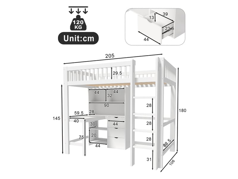  Lit mezzanine 90x200 cm coloris blanc pin lit enfant blanc - Conforama C
