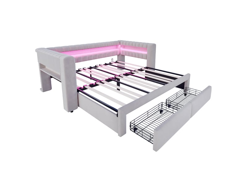  Lit canapé extensible velours gris clair 90180x190 cm, tiroirs, led et usb-c  - Conforama E