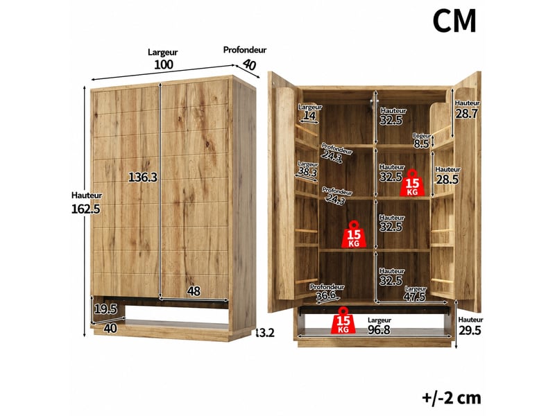 Meuble de cuisine muvano, armoire de cuisine haute 2 portes effet chêne clair, 100 × 40 × 162,5 cm - Conforama W